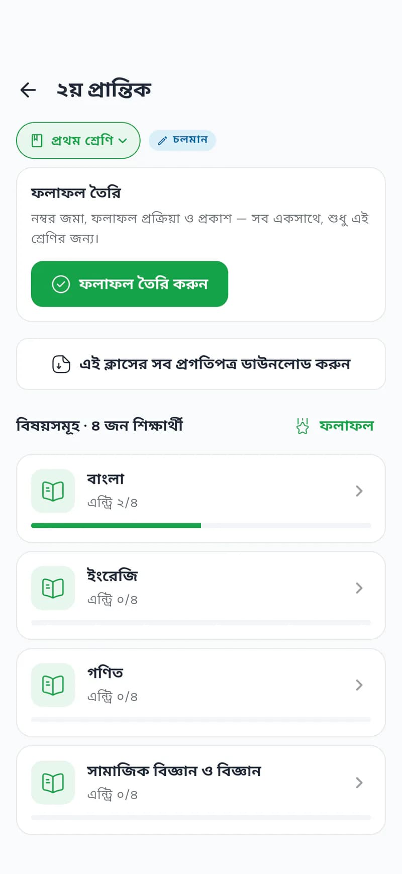 Shohojogi second-term results for Class 1: a Generate Results action, a download of every progress report for the class, and per-subject mark entry progress